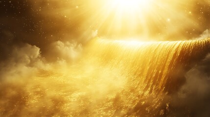 Aufkleber - Golden waterfall illuminated by sunlight, surrounded by mist and ethereal atmosphere.