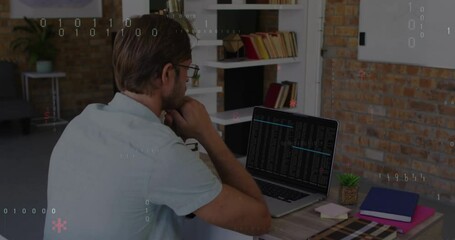Poster - Man working on laptop with data processing animation over home office setting