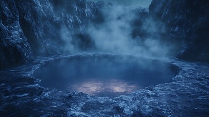 Poster - Mysterious glowing water pool surrounded by rocky cliffs and fog.