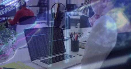 Poster - Person working at desk with laptop, data processing animation overlay