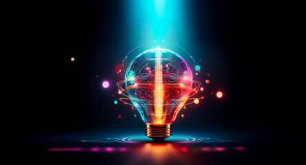 Poster - A glowing lightbulb emits vibrant lights and lines, illuminated by a bright blue beam from above against a dark backdrop.