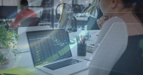 Poster - Analyzing financial data with animation, businesswoman using laptop in office
