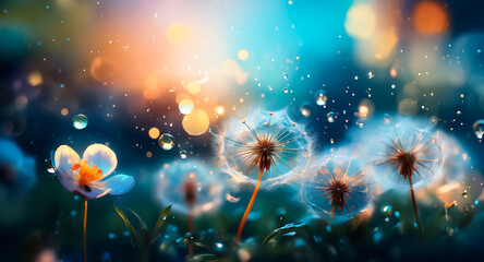 Canvas Print - dreamy scene with dandelions and a delicate flower bathed in bokeh lights. water droplets add freshn