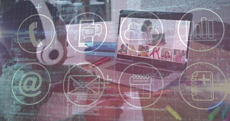Poster - Animation of digital communication icons overlaying laptop with video call in school