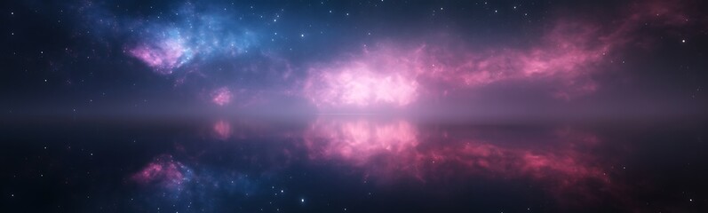 Poster - Vibrant cosmic nebula with pink and blue hues, reflecting in a dark space background.