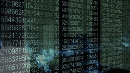 Poster - Digital numbers and data processing animation over abstract blue shapes