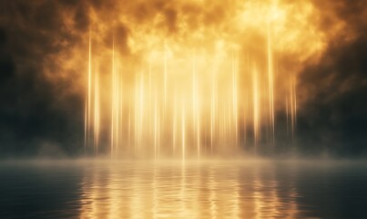 Poster - Golden rays illuminate a tranquil water surface, creating a serene and ethereal atmosphere.