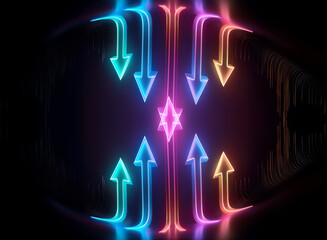 Aufkleber - Neon arrows converge to a bright center, creating a symmetrical and vibrant design against a dark backdrop. Abstract and visually dynamic.