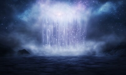 Poster - Majestic waterfall surrounded by a mystical night sky filled with stars and ethereal mist.