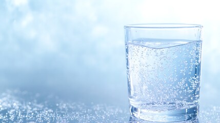 Poster - A glass of sparkling water with bubbles, set against a soft blue background.