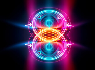 Aufkleber - Abstract glowing neon circles in vibrant blue, orange, and pink colors create a futuristic and energetic design against a dark background.