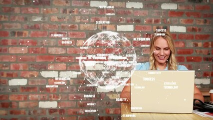 Poster - Using laptop, smiling woman with digital network animation in business setting