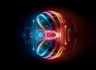 Poster - A glowing abstract form in blue and orange neon lights is set against a dark background. It is symmetrical, futuristic, digital, vibrant, with a swirling design.
