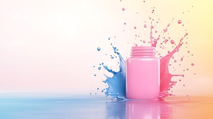 Aufkleber - Vibrant paint splashes from a pink bottle against a pastel background.