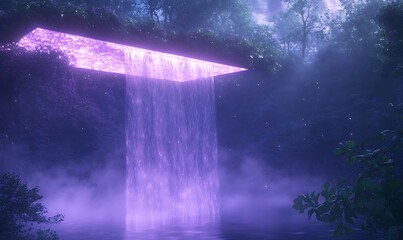 Aufkleber - A vibrant waterfall cascades from a glowing purple structure in a mystical forest setting.