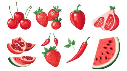 Fototapete - 39.A charming and colorful vector illustration of various red fruits and vegetables, including a bright red tomato, ripe cherries, juicy watermelon slices, spicy chili peppers, red paprika, fresh