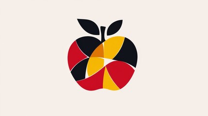 Fototapete - 45.A minimalist abstract silhouette of an apple, presented in a modern vector style with bold, striking colors. The apple is made up of red, black, and yellow segments, each forming a unique,