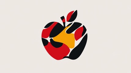 Fototapete - 45.A minimalist abstract silhouette of an apple, presented in a modern vector style with bold, striking colors. The apple is made up of red, black, and yellow segments, each forming a unique,