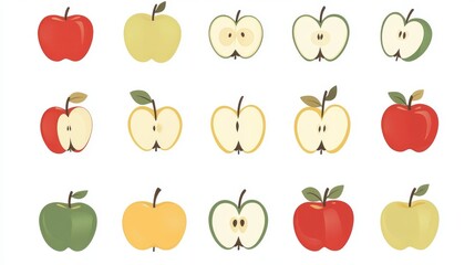 Fototapete - 21.A set of detailed vector icons of apples, each with a distinct color and shape. The apples are designed in a minimalist, flat style, with clean lines and subtle shading. Each icon varies slightly,
