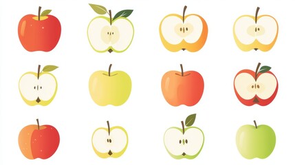 Fototapete - 21.A set of detailed vector icons of apples, each with a distinct color and shape. The apples are designed in a minimalist, flat style, with clean lines and subtle shading. Each icon varies slightly,