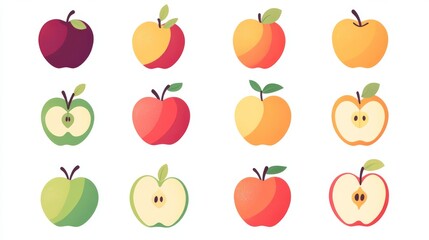 Fototapete - 21.A set of detailed vector icons of apples, each with a distinct color and shape. The apples are designed in a minimalist, flat style, with clean lines and subtle shading. Each icon varies slightly,