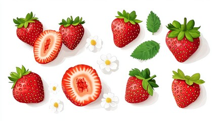 Fototapete - 103.A set of vector illustrations in a trendy flat style, featuring whole and halved strawberries with vibrant red coloring and tiny seeds. The berries are isolated on a pure white background, with