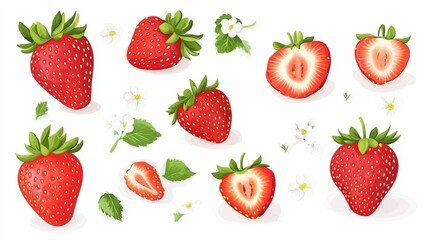 Fototapete - 103.A set of vector illustrations in a trendy flat style, featuring whole and halved strawberries with vibrant red coloring and tiny seeds. The berries are isolated on a pure white background, with
