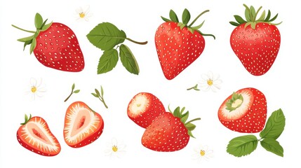 Fototapete - 103.A set of vector illustrations in a trendy flat style, featuring whole and halved strawberries with vibrant red coloring and tiny seeds. The berries are isolated on a pure white background, with