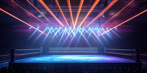Aufkleber - Wrestling stage backdrop illuminated by vibrant light beams with neon blue and pink, 32k Resolution