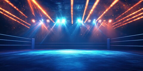 Poster - Wrestling stage backdrop illuminated by vibrant light beams with neon blue and pink, 32k Resolution