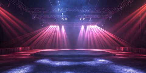 Poster - Wrestling stage backdrop illuminated by vibrant light beams with neon blue and pink, 32k Resolution