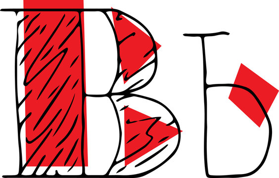 capital letter B and lowercase letter hand drawn in black with shaded capital letter with red fills of different rectangular and triangular shapes