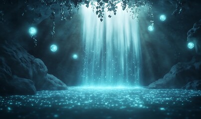 Aufkleber - Magical waterfall cascading into a glowing pool surrounded by lush greenery and soft blue lights.
