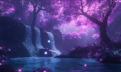 Poster - A serene landscape featuring purple trees, cascading waterfalls, and a tranquil river under a mystical sky.