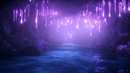 Aufkleber - Mystical cave with purple glowing crystals and serene water reflection.