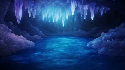 Aufkleber - Mystical cave with shimmering blue water and icicle formations above.