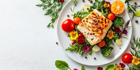 Poster - Healthy Grilled Fish Served with Vibrant Fresh Produce and Edible Flowers : Generative AI
