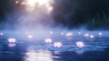 Fototapete - Serene water lilies float on a misty lake, illuminated by soft light.