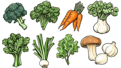 Aufkleber - A vibrant collection of fresh vegetables including broccoli, carrots, and cucumbers in lively illustrations : Generative AI