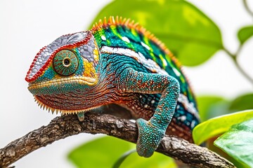 Poster - Colorful close-up of a chameleon blending in with foliage showcasing its vibrant scales and features : Generative AI