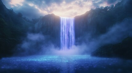 Poster - Majestic waterfall cascading into a serene blue pool, surrounded by lush greenery and misty atmosphere.