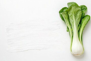 Poster - Fresh bok choy placed beside a brushstroke of white paint on a minimalist kitchen backdrop : Generative AI