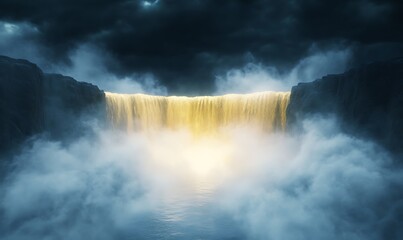 Poster - Majestic waterfall cascading through misty clouds under a dramatic sky.