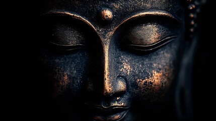 Poster - Close up view of a serene Buddha statue highlighting intricate facial features and textures of bronze material : Generative AI