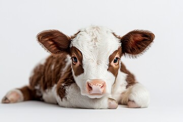 Poster - Adorable brown and white calf lying on a white background with an innocent expression capturing attention : Generative AI