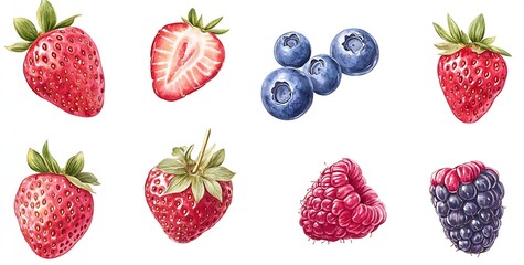 Poster - Beautifully illustrated strawberries, blueberries, and raspberries arranged artistically on a white background : Generative AI