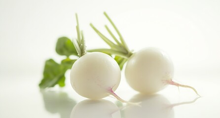 Poster - Delicate white radishes with lush green leaves lying on a smooth surface glistening with fresh dew : Generative AI