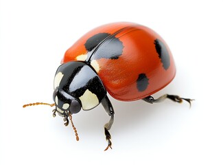 Poster - Close up view of a vibrant red ladybug with distinctive black spots and white markings on its head : Generative AI