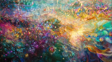 Fototapete - Colorful Abstract Art with Swirling Patterns and Floating Bubbles in a Dynamic Blend of Warm and Cool Tones for Artistic Creations