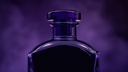 Fototapete - Elegant Glass Perfume Bottle Silhouette Against a Purple Misty Background, Capturing Luxury and Allure of Fragrance in a Mystical Atmosphere